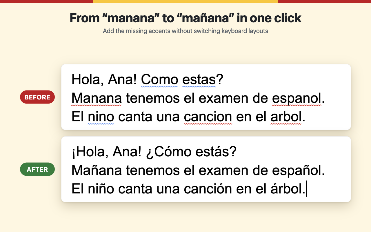 Before and after: the same Spanish sentences without and with accents