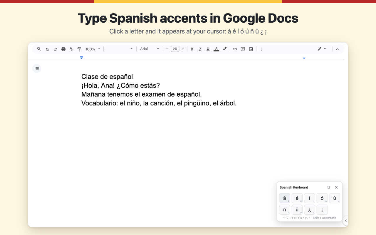 The Spanish Keyboard panel open in Google Docs next to a paragraph of Spanish text with accents